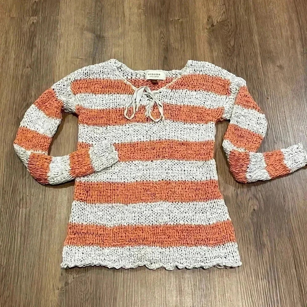 Sonoma Women’s S Open Ribbon Knit Striped Long Sleeve Pullover Stretch